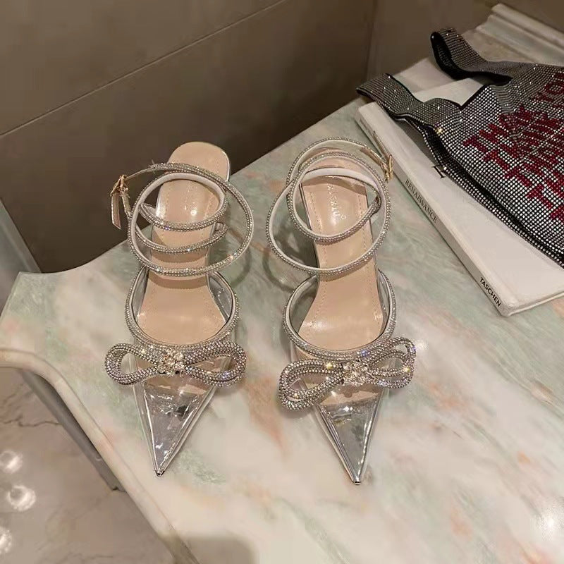 Women's Pointed-toe Bowknot Rhinestone High Silk Back Heels