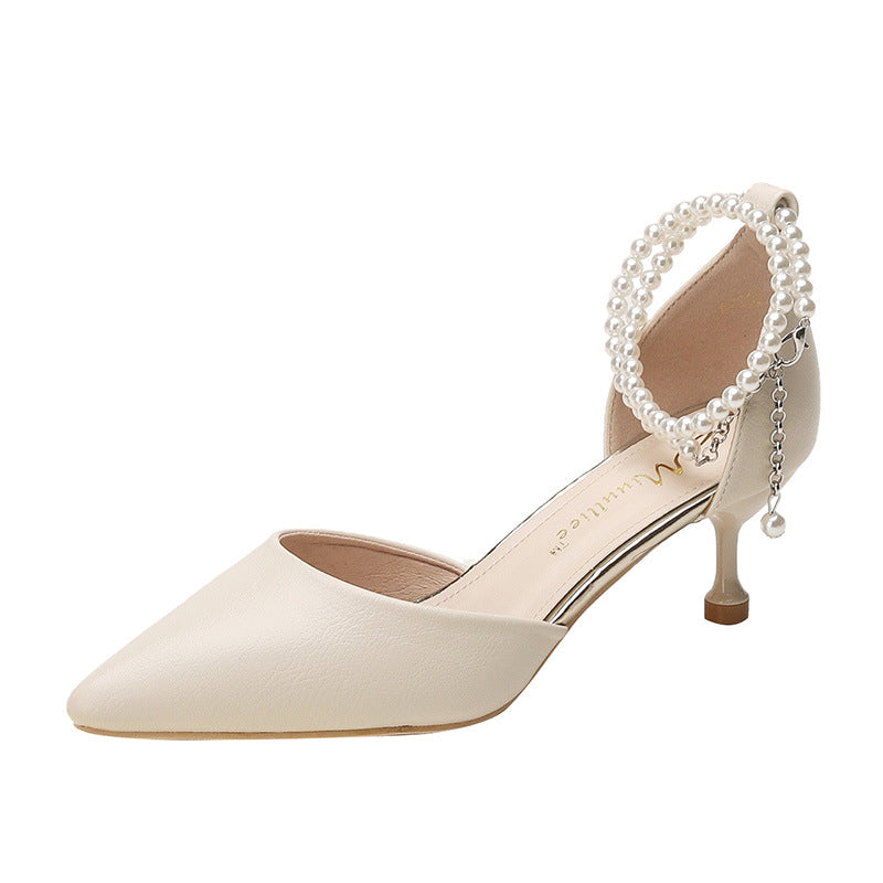 Women's French Style Pearl Buckle High Stiletto Hollowed Heels