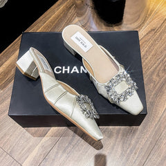 Women's Summer Square Toe Closed Low-cut Chunky Half Heels