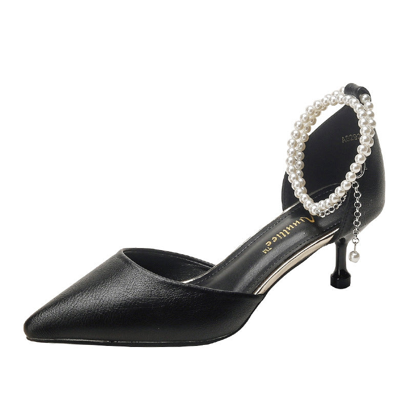 Women's French Style Pearl Buckle High Stiletto Hollowed Heels