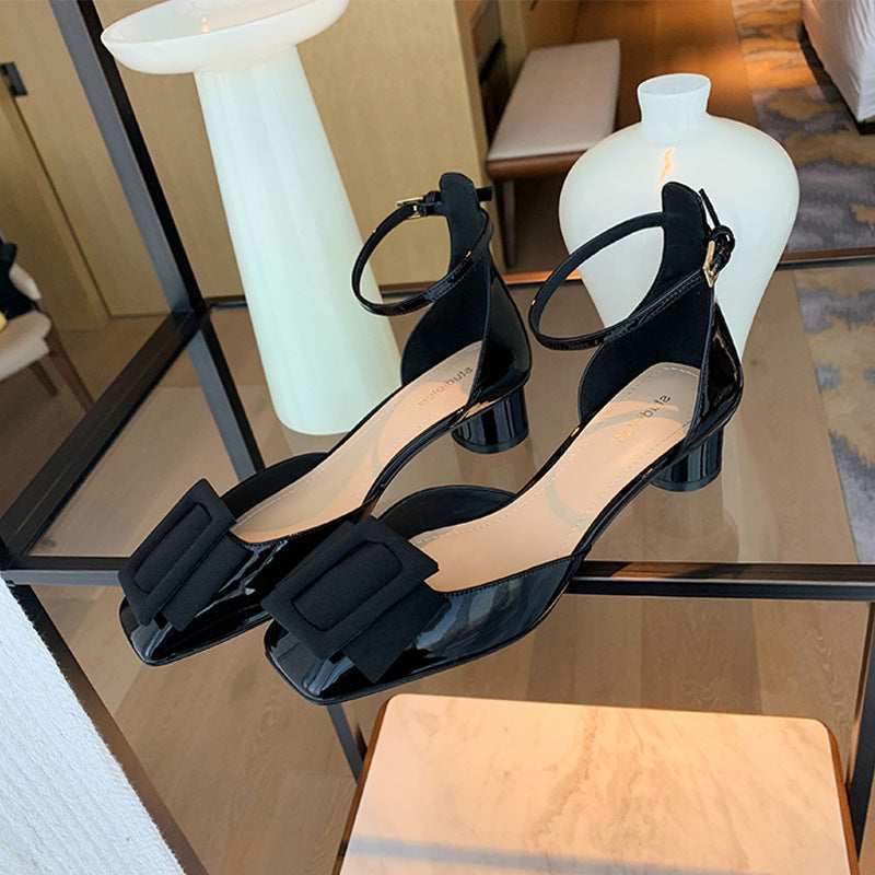 Women's High Hollow Oblique Buckle Low-cut Chunky Heels