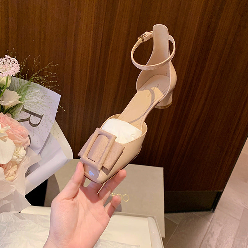 Women's High Hollow Oblique Buckle Low-cut Chunky Heels