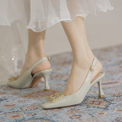 Women's Rhinestone Square Buckle One Strap Back Heels