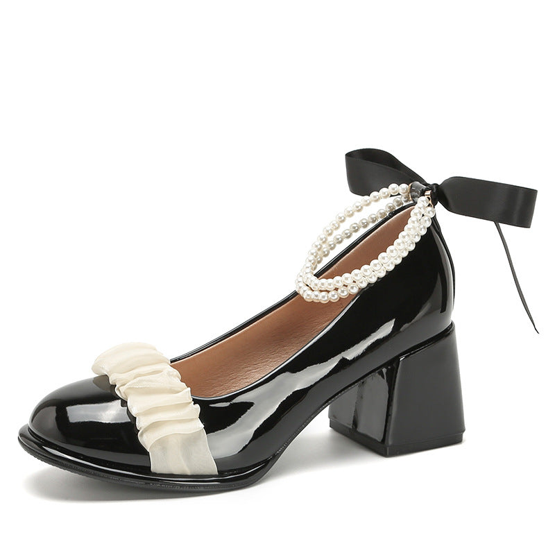 Women's High Summer Gentle Temperament Chunky Beaded Mary Heels