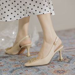 Women's Rhinestone Square Buckle One Strap Back Heels