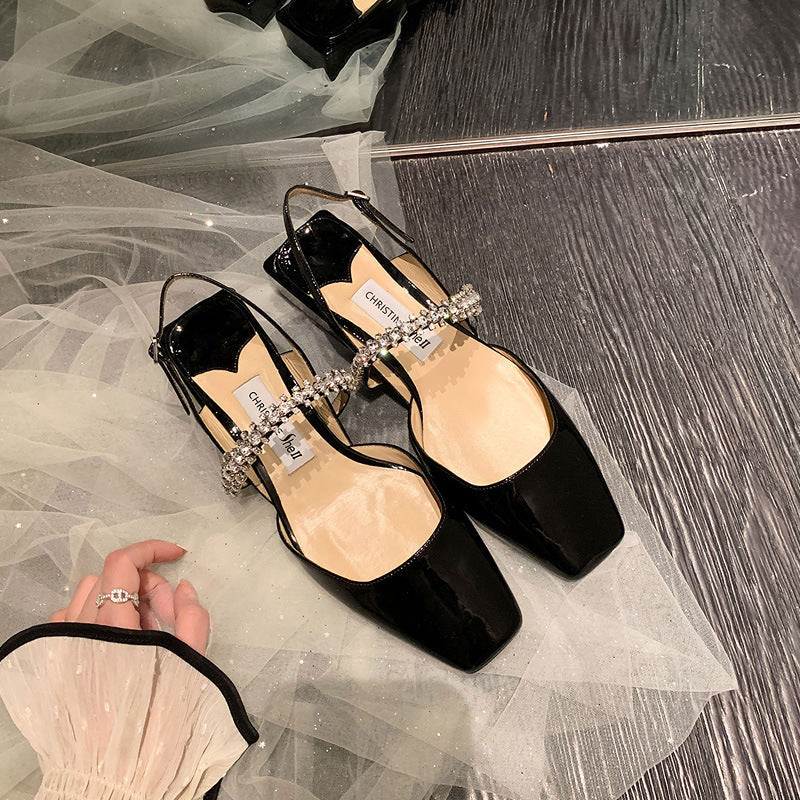 Women's Spring Buckle Closed Toe Rhinestone Chunky Back Heels