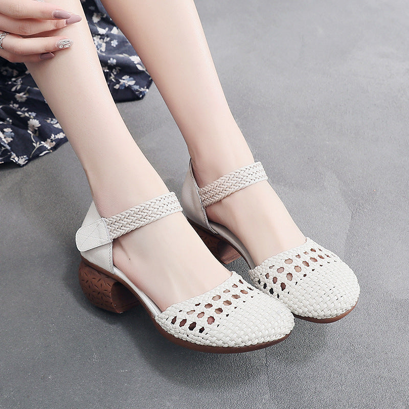 Women's Toe Breathable Chunky Fashion Woven Hollowed Heels