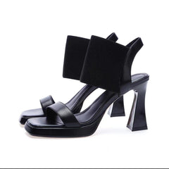 Women's Korean Peep Toe Chunky Square Fashion Elastic Heels