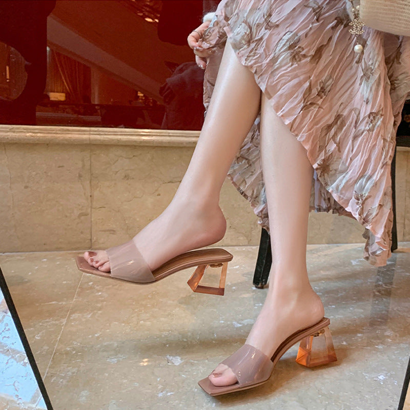 Women's Mom Summer Square Head Rhinestone Transparent Crystal Heels
