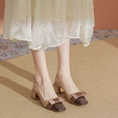 Women's Bow Square Toe Chunky Pumps Heels