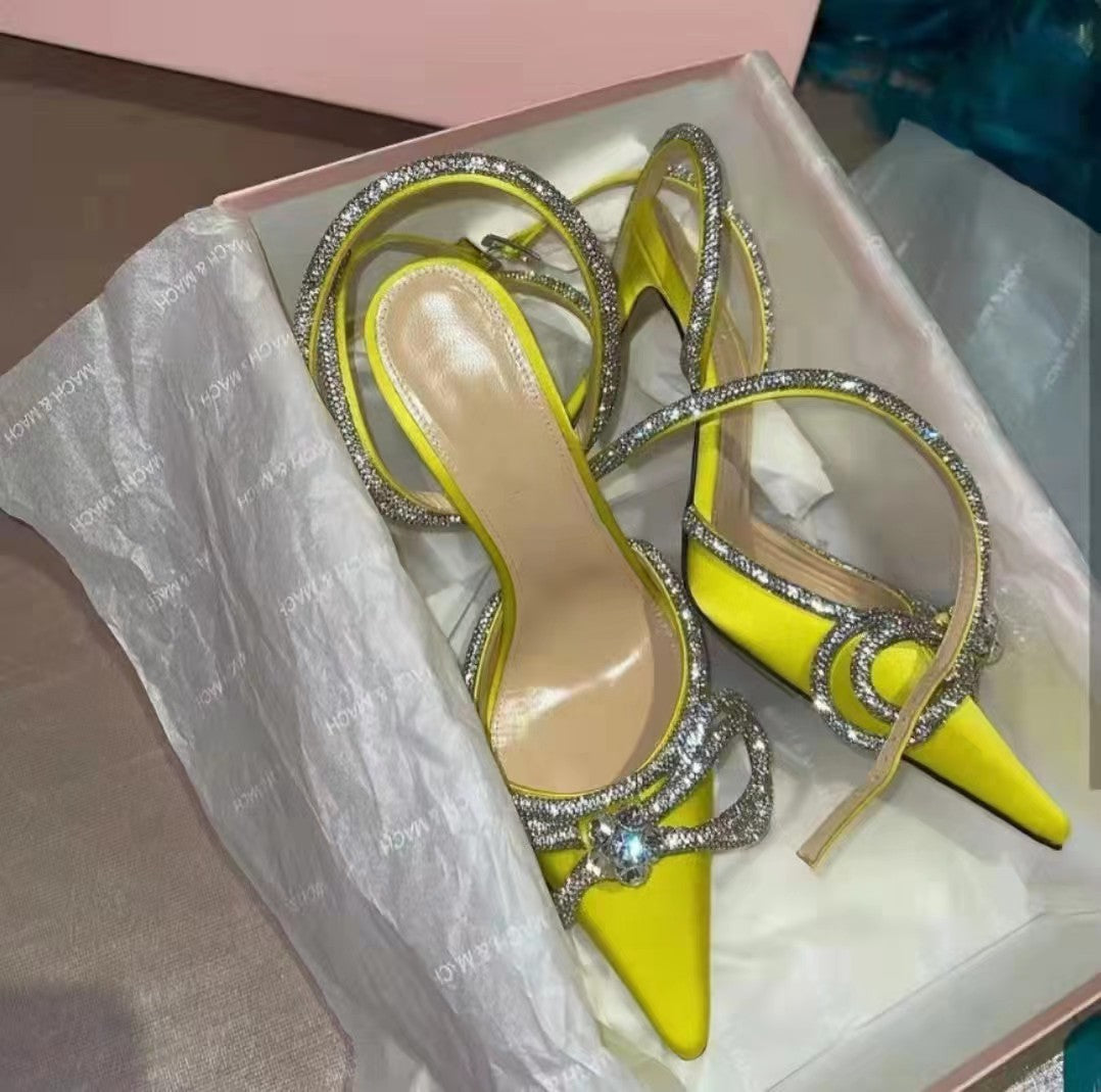 Women's Pointed-toe Bowknot Rhinestone High Silk Back Heels