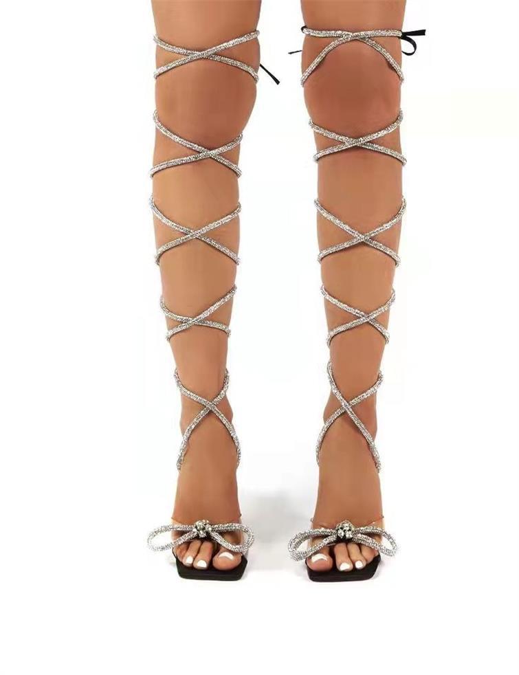 Women's Size Roman Style Rhinestone Strap Bow Wine Heels