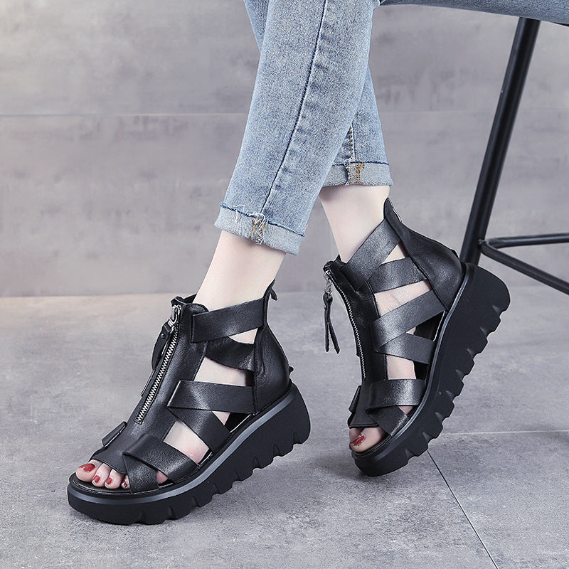 Women's Hollow-out Roman Style Mid Thick Front Heels