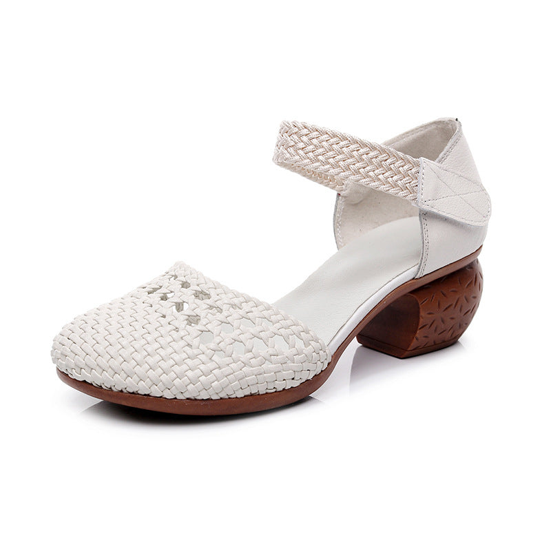 Women's Toe Breathable Chunky Fashion Woven Hollowed Heels