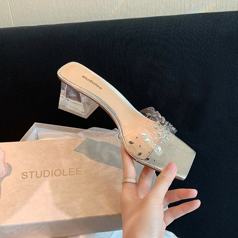 Women's Mom Summer Square Head Rhinestone Transparent Crystal Heels