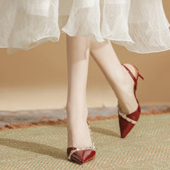 Women's Rivet Stiletto Female Wine-red Pointed Sandals
