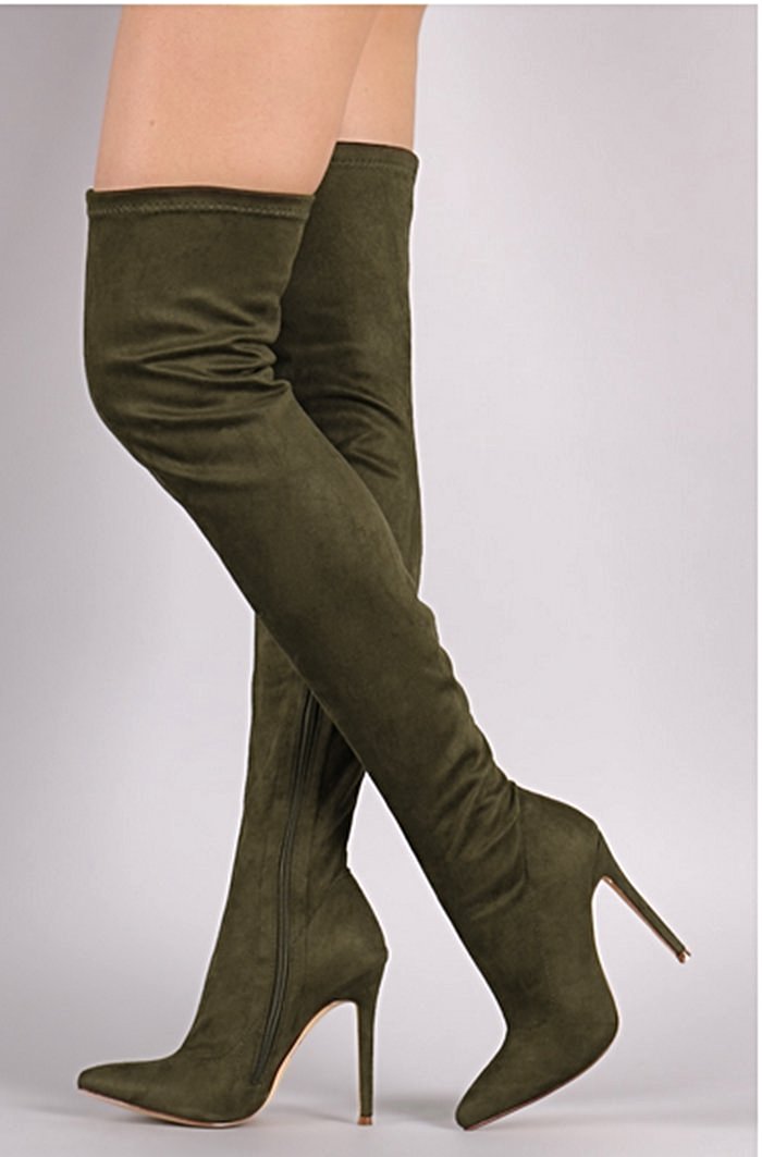 Over The Knee Suede Glove Boots - Olive 38