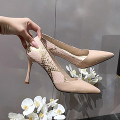 Petite Feet Ladies Snake Print Pointed Patent Heels MS218