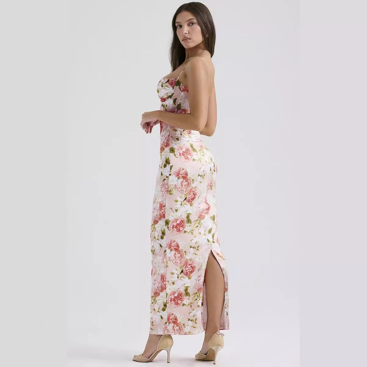 Petite Flower Printed Sling Long Dress PCD14