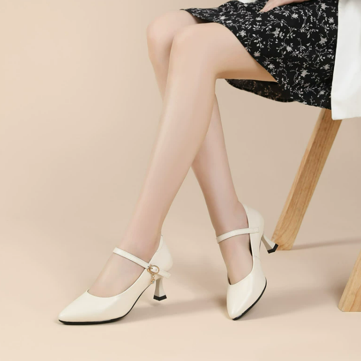 Petite Mid Heel Mary Jane Leather Pump Shoes TS107