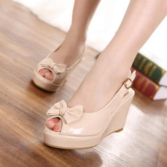 Petite Peep Toe Patent Wedge Heels With Bow Tie ES106