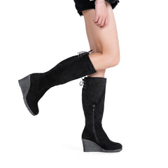 Black Suede Winter Fab Knee High Wedge Boots