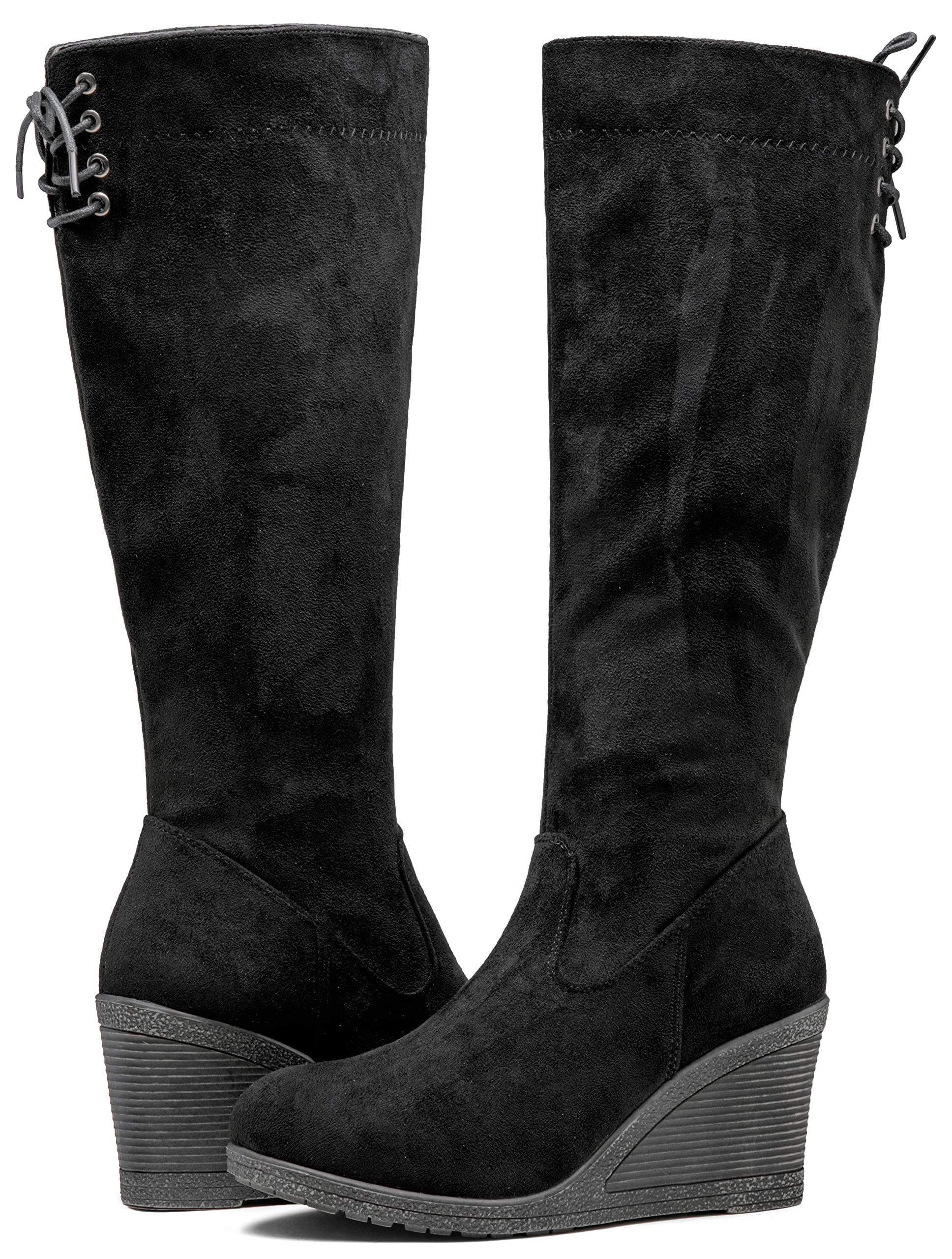 Black Suede Winter Fab Knee High Wedge Boots