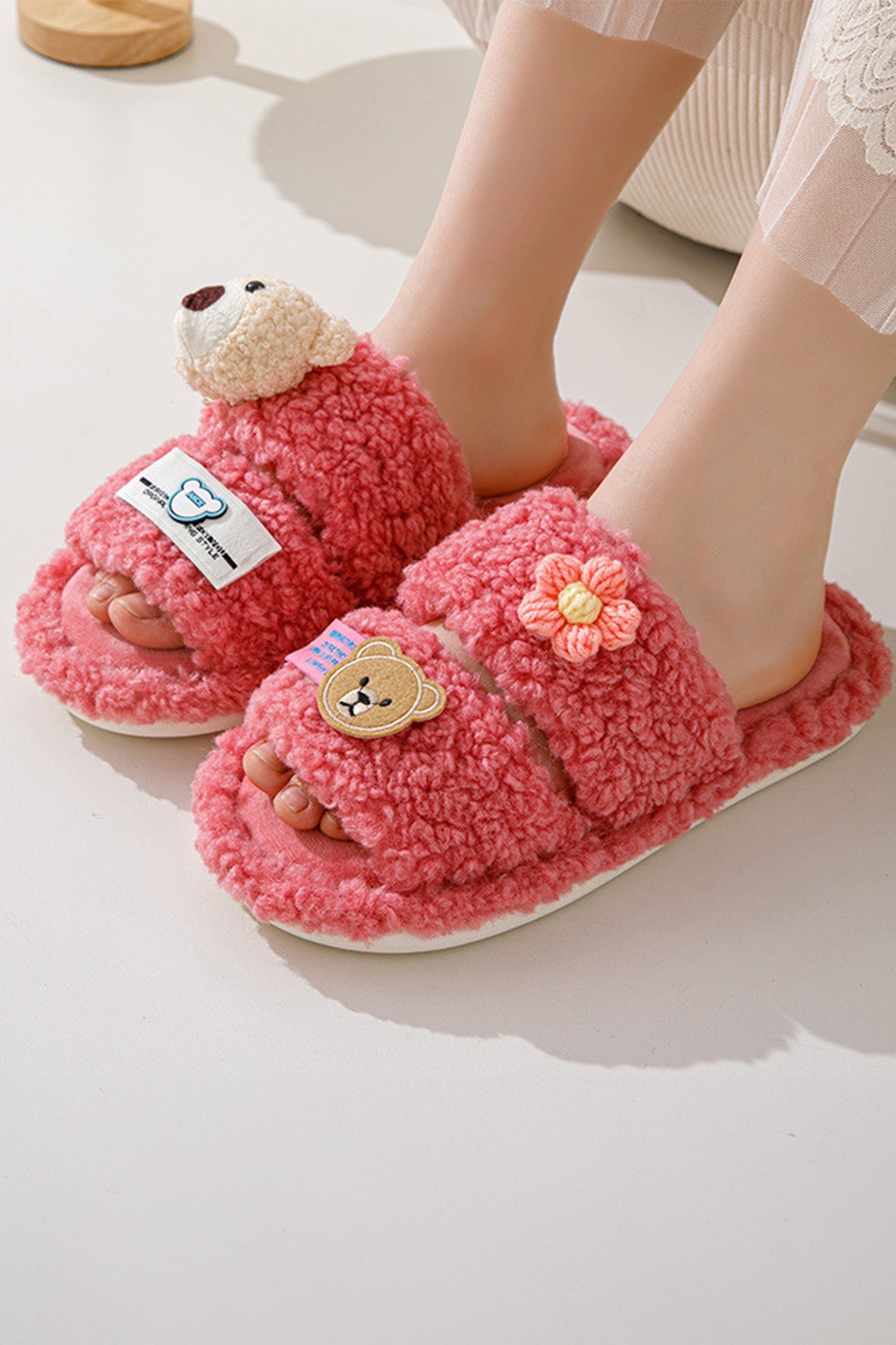 New Fashion Spring Outfit Cute Bear Flower Slip-on Fuzzy Slippers