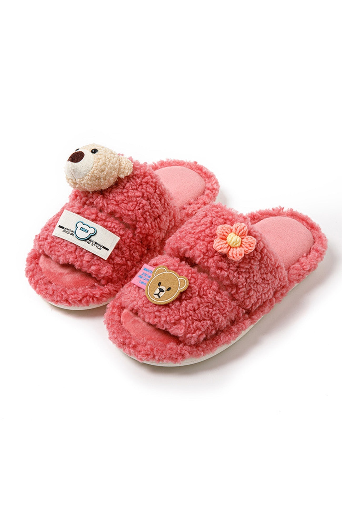 New Fashion Spring Outfit Cute Bear Flower Slip-on Fuzzy Slippers