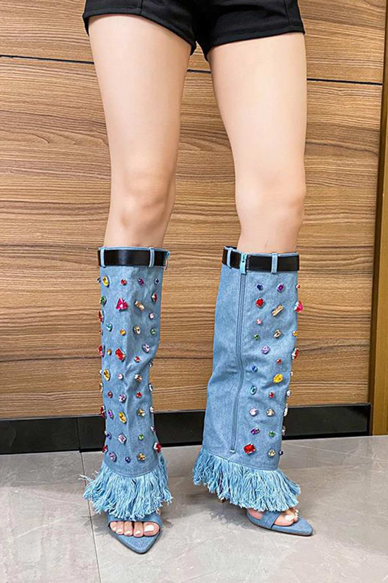 New Fashion Spring Outfit Rhinestone Denim High Heel Pointed Toe Boots