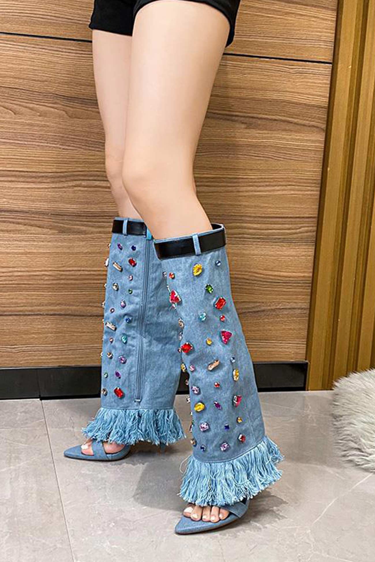 New Fashion Spring Outfit Rhinestone Denim High Heel Pointed Toe Boots