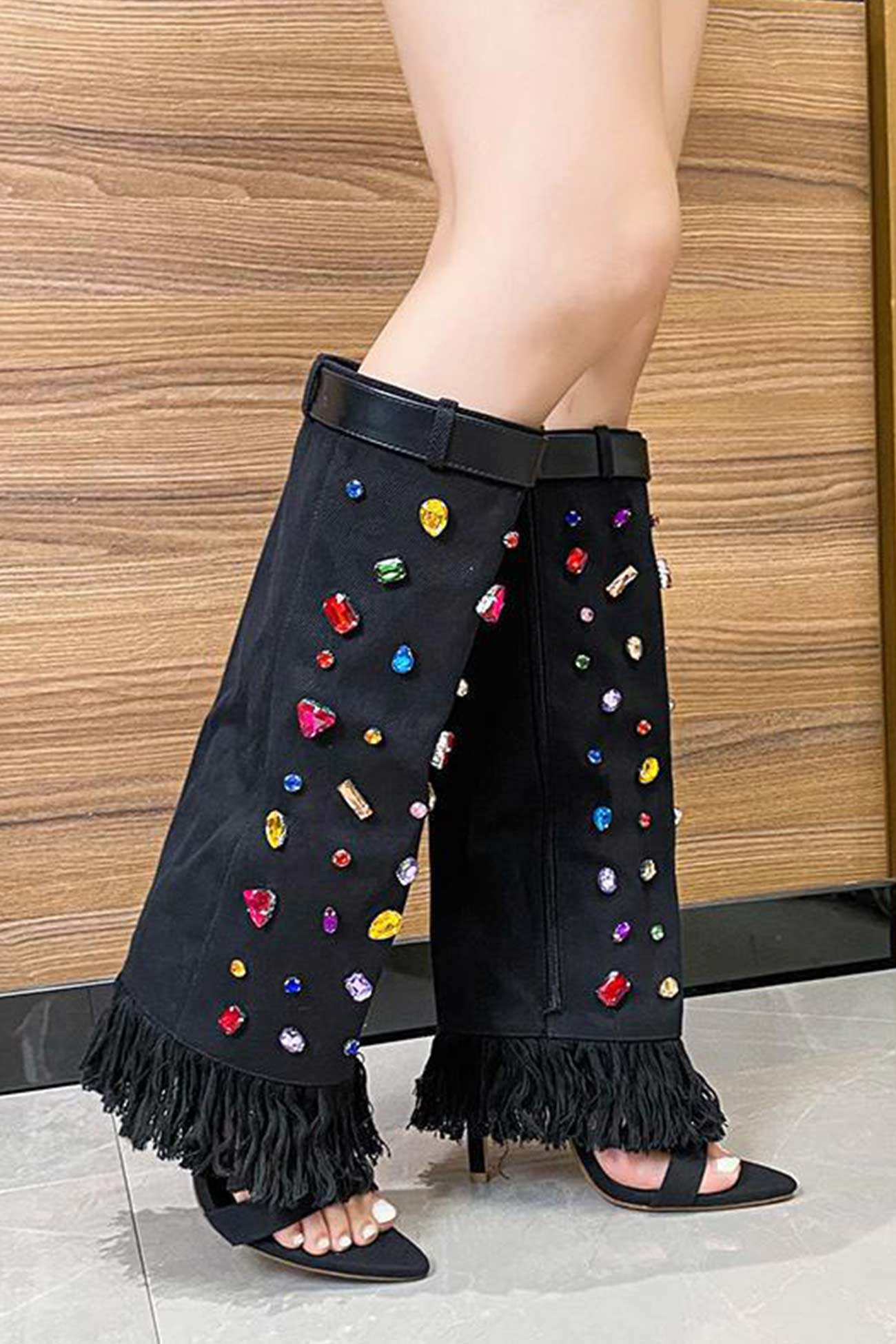 New Fashion Spring Outfit Rhinestone Denim High Heel Pointed Toe Boots