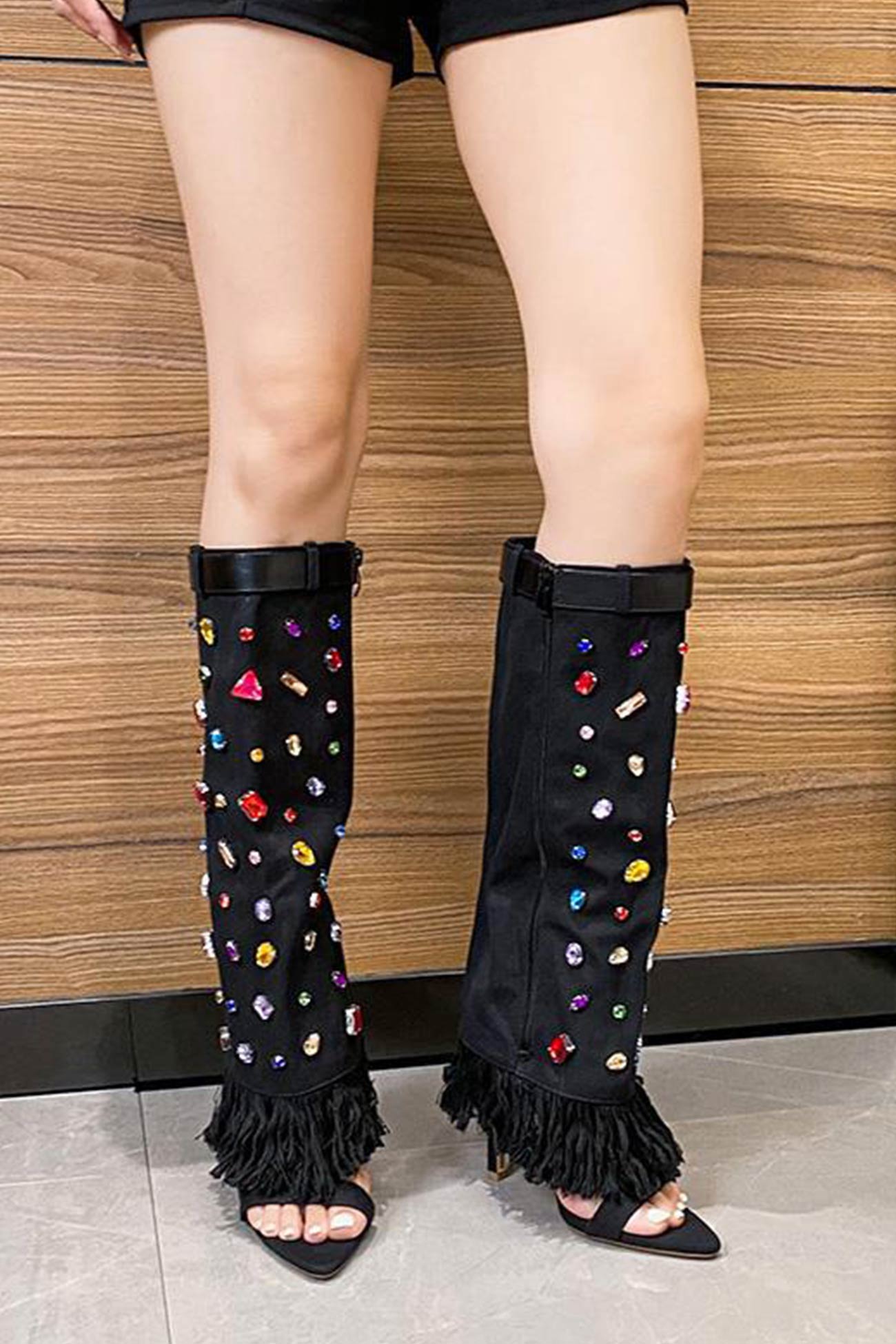 New Fashion Spring Outfit Rhinestone Denim High Heel Pointed Toe Boots