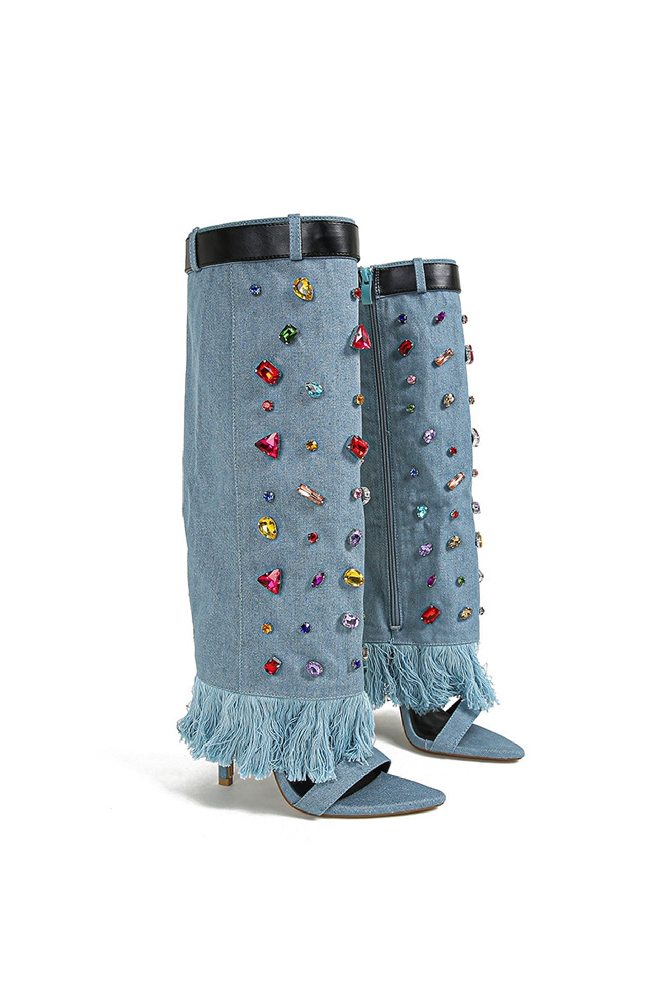 New Fashion Spring Outfit Rhinestone Denim High Heel Pointed Toe Boots