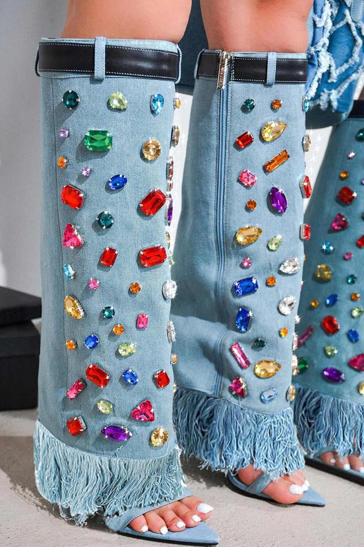 New Fashion Spring Outfit Rhinestone Denim High Heel Pointed Toe Boots