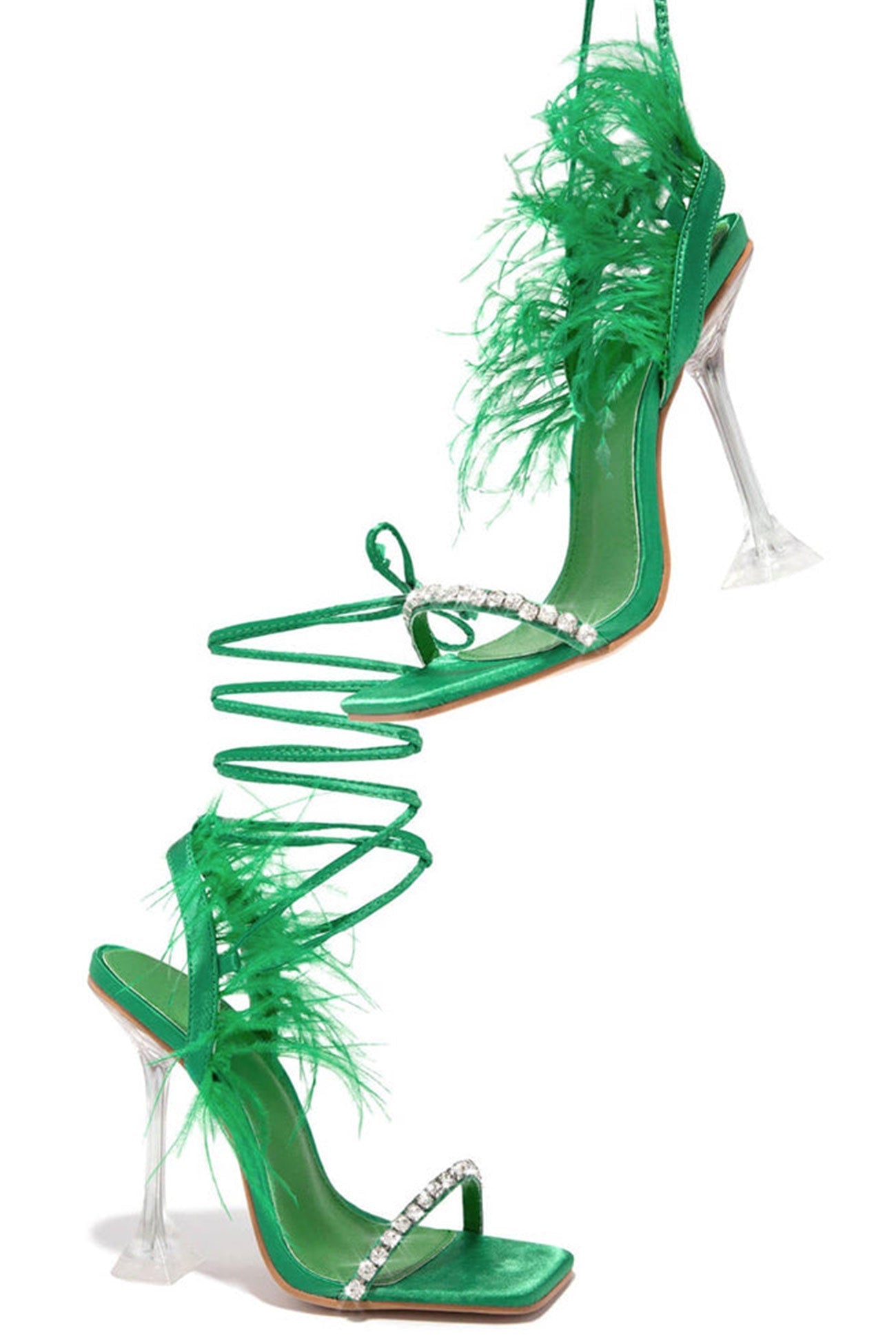 New Fashion Spring Outfit Rhinestone Feather Tie-up Square Toe Sandals