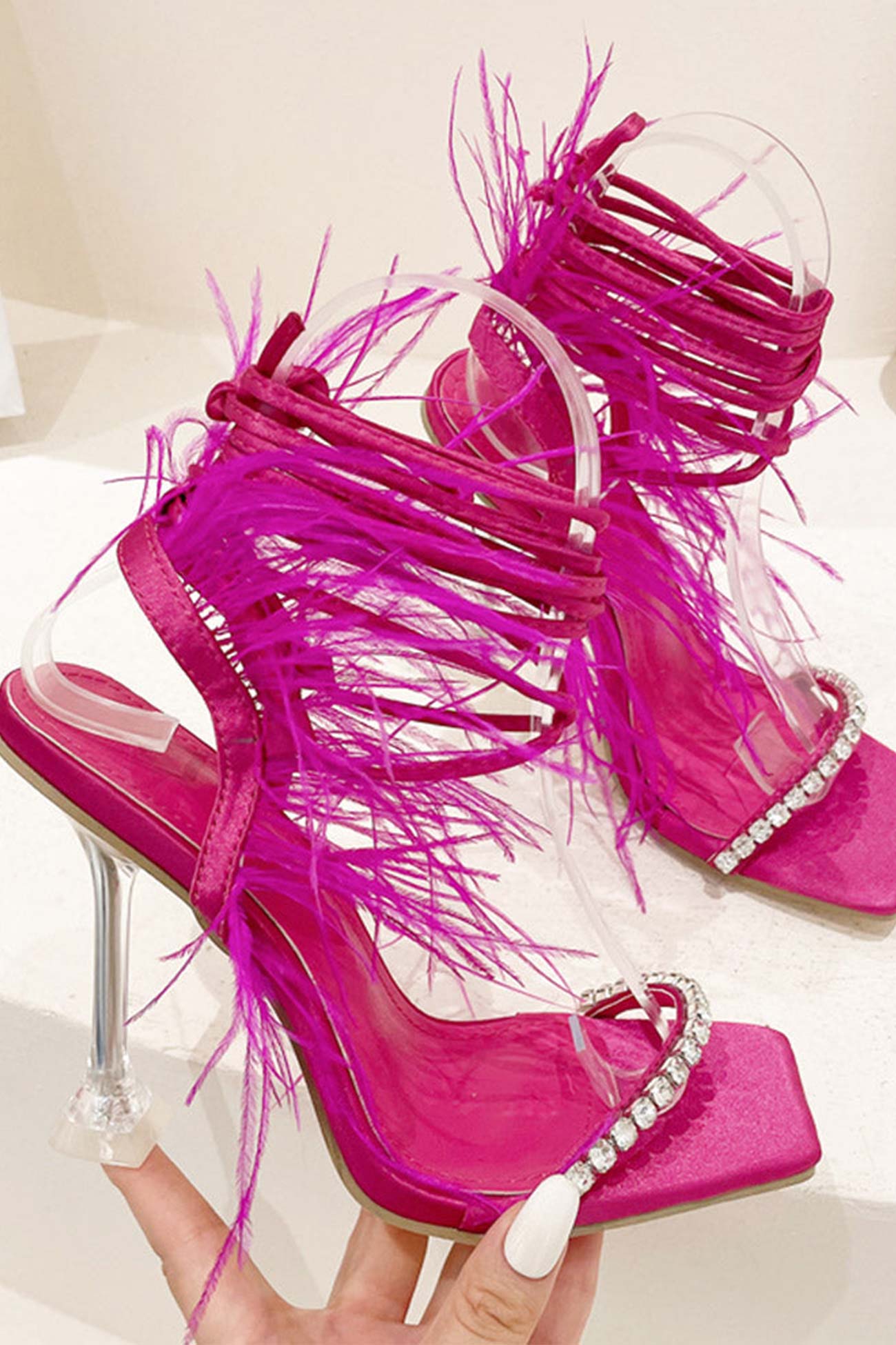 New Fashion Spring Outfit Rhinestone Feather Tie-up Square Toe Sandals
