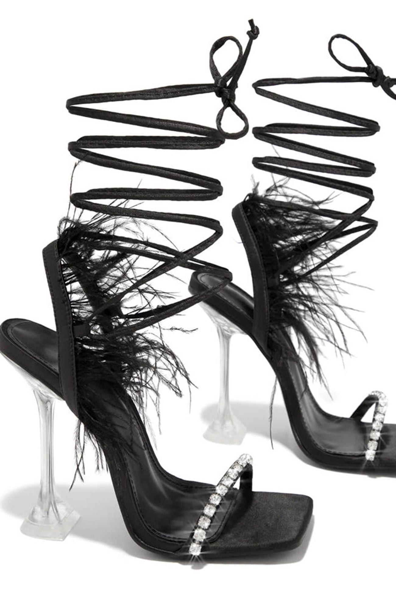 New Fashion Spring Outfit Rhinestone Feather Tie-up Square Toe Sandals