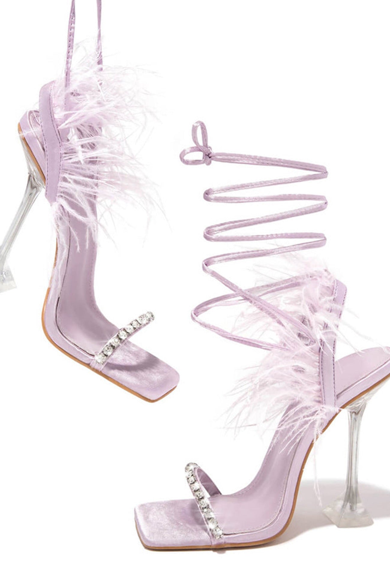 New Fashion Spring Outfit Rhinestone Feather Tie-up Square Toe Sandals
