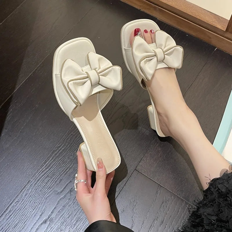 2024 New Fashion Women's Bow Mid Heels Slides Women Peep Toe Mules Cool Summer Woman Slippers Sandals Elegant Ladies Party Shoes