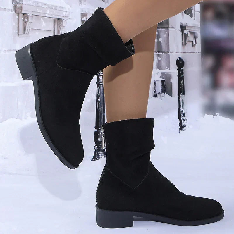 Autumn Womens Solid Pleated Ankle Boots Fashion Faux Suede Square Heel Boots Ladies Round Toe Back Zipper Office Shoes Boats