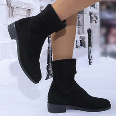 Autumn Womens Solid Pleated Ankle Boots Fashion Faux Suede Square Heel Boots Ladies Round Toe Back Zipper Office Shoes Boats
