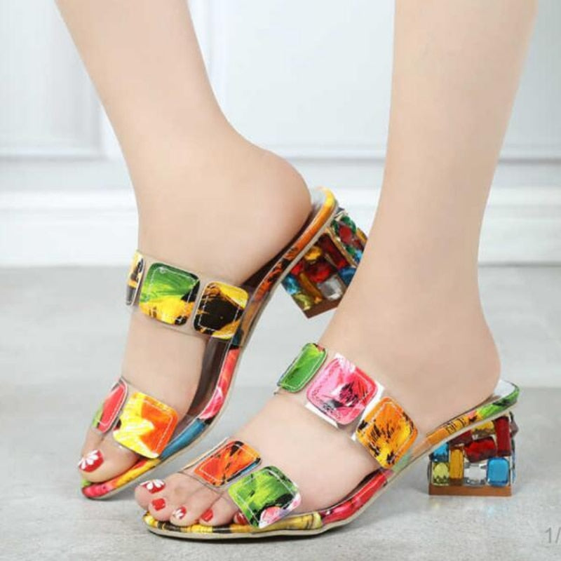 Colorful Summer New Sandals Women's Summer Fashion Chunky Heel Rhino Horn Mid-heel Flip-flops Korean Version Sandals shoes