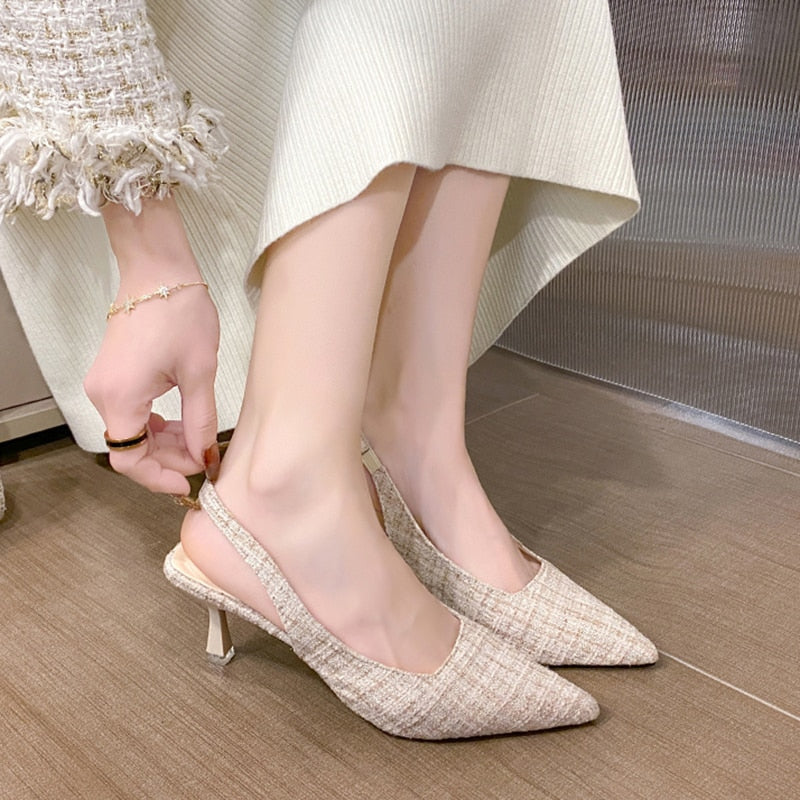 Brand Designer Slingbacks High Heels Pumps Women Blue Pointed Toe Party Shoes for Woman Summer Thin Heeled Sandals Ladies