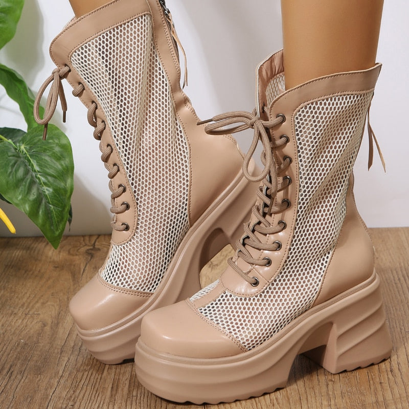 Boots Sandals Women New Hihg Heels Rome Mesh Breathable Lace Up Sandals Ladies Paltform Sandals Shoes Party