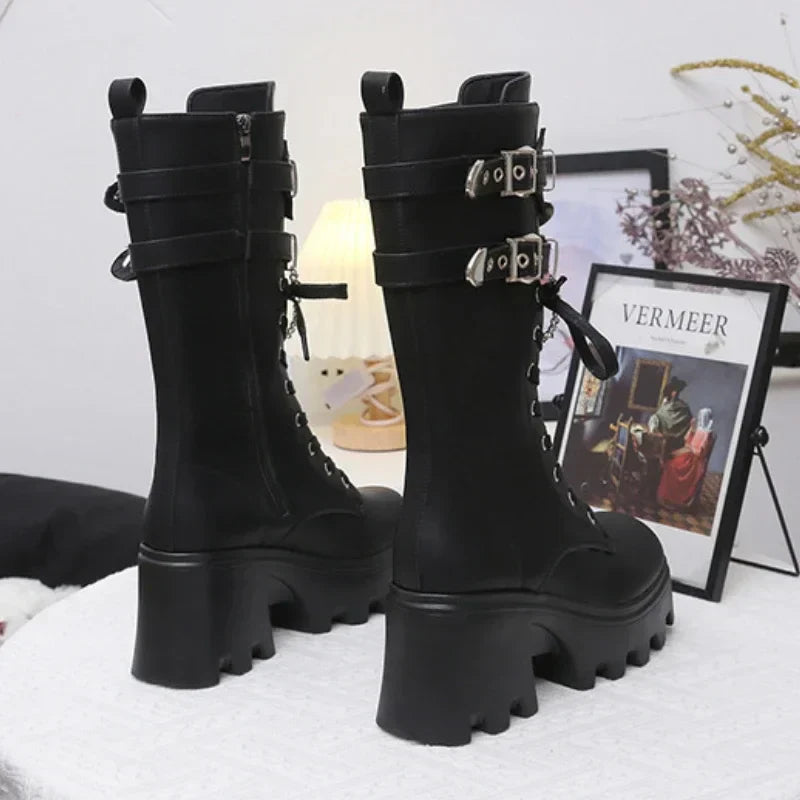 Fashion Leather Gothic Boots Women Luxury Brand Buckle Chain High Heels Long Boots Autumn Ladies Motorcycle Boots Botas Mujer