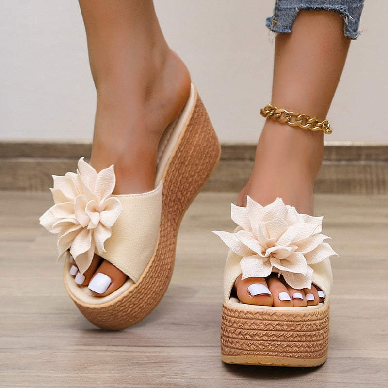 9cm Heels Summer Beach Platform Women Wedge Slippers Appliques Butterfly-knot Female Sandals Clog Shoes Slides Women