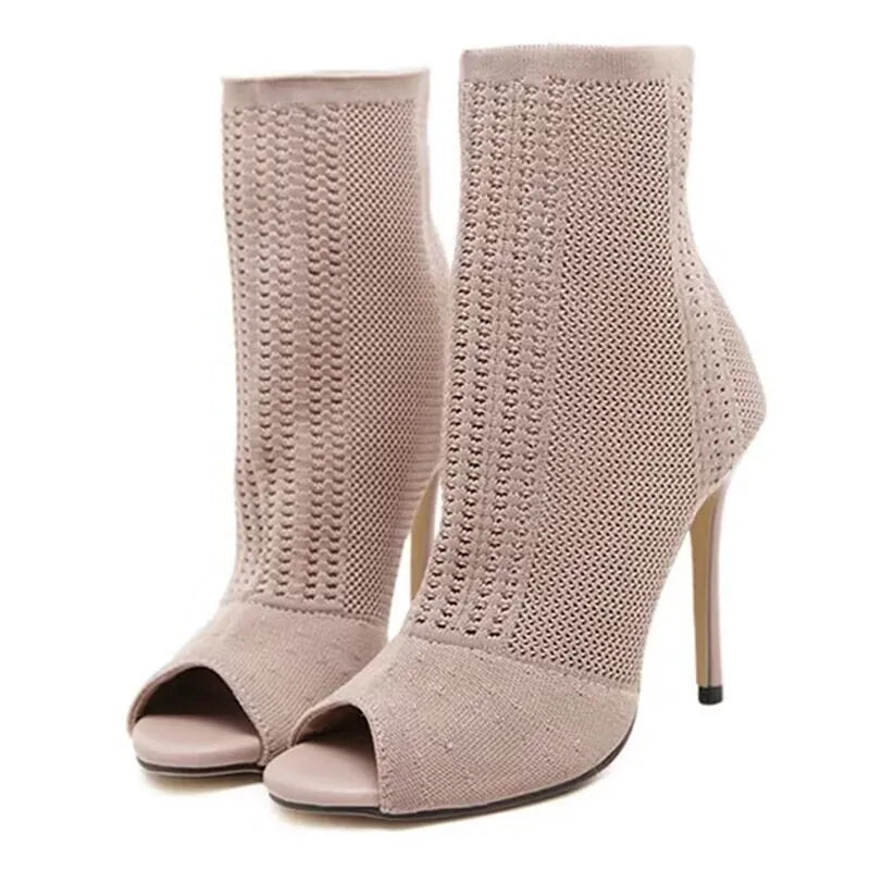 Ladies Ankle Boots Fashion Peep Toe Stretch Fabric Knitting Small Hole Hollow Out Breathable Dress Women High Heels Party Shoes