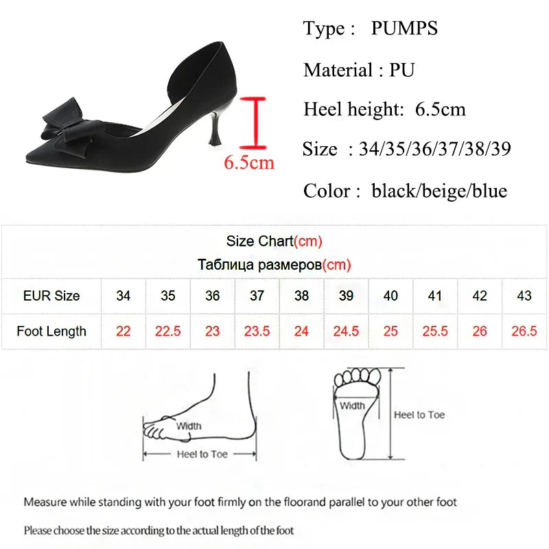 Blue Bowtie Thin Heeled Pumps Women Autumn PU Leather Slip on High Heels Shoes Woman Pointed Toe Party Shoes Mujer