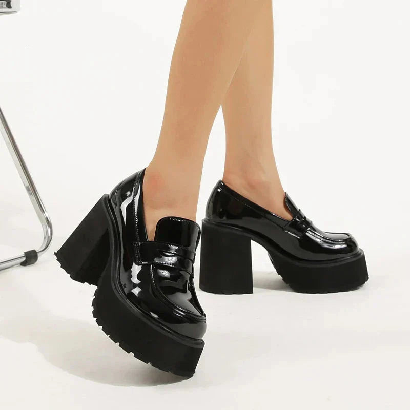 Chunky Platform Loafers Heel Patent Leather Slip On Casual Shoes Women Lady Office Shoes Japanese Lolita Black Heels